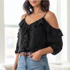 NWT OLIVIA GREY Polka Dot Top Black Ruffle Sheer Cold Shoulder Fairy Grunge XS